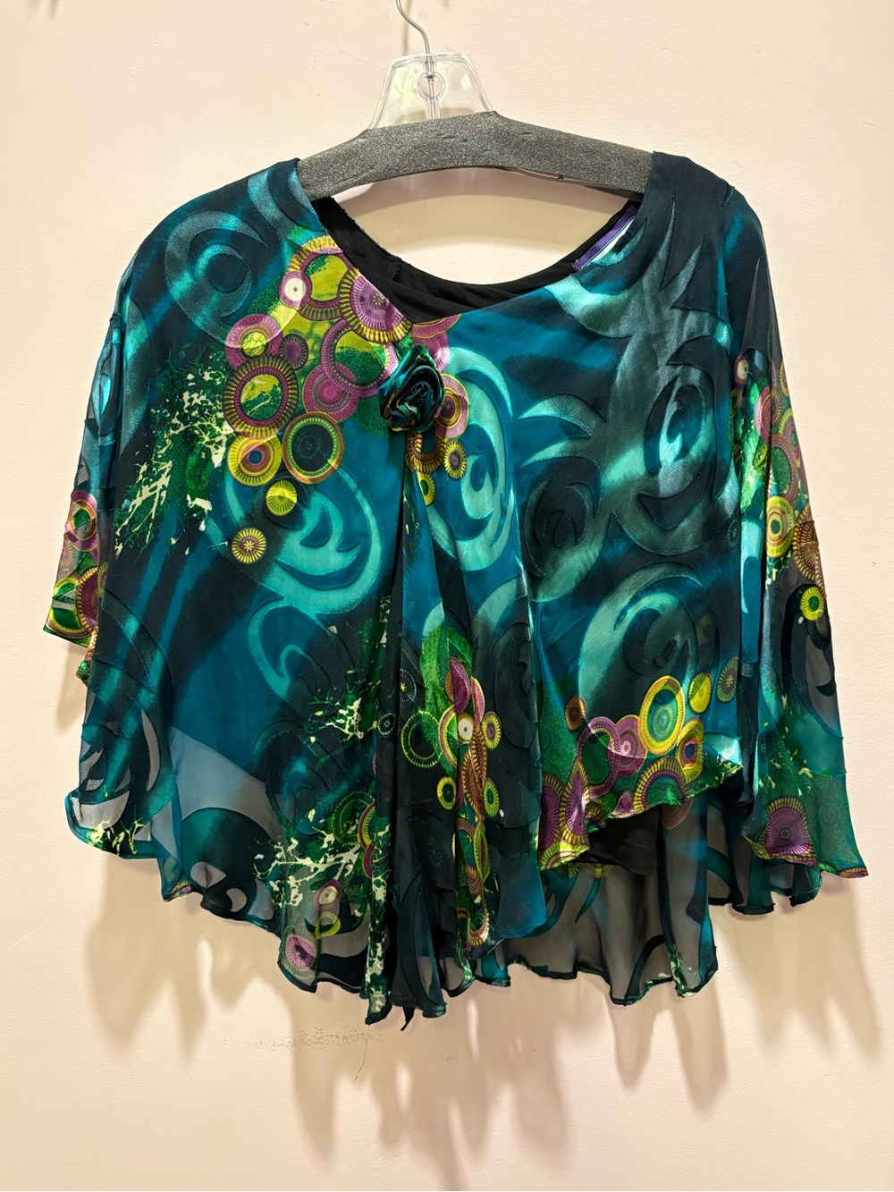 Wearable Art Chiffon Overlay Blouse Teal Abstract Print Statement Top